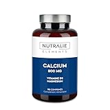 Calcium, magnésium vitamine D - 800mg carbonate de calcium - Os, dents et muscles - Complément à base de calcium, magnésium et cholécalciférol - 90 comprimés végétaliens Calcium Elements Nutralie