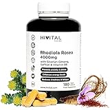 Rhodiola Rosea 4000 mg. 180 gélules végétaliennes pour 6 mois de traitement. Rhodiola avec 3% Salidrósides, avec Ginseng Sibérien, Safran et Vitamine B6. Aide à augmenter l'énergie et la vitalité